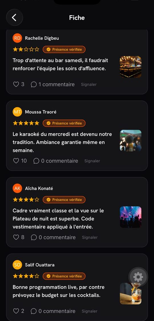Écran d'avis de l'application : chaque avis porte un badge Présence vérifiée