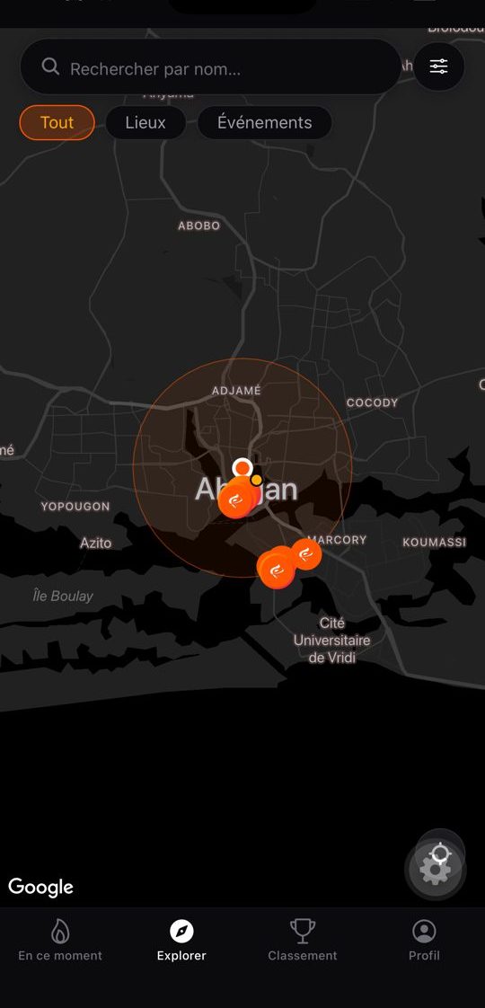 Carte d'Abidjan affichant les lieux à proximité
