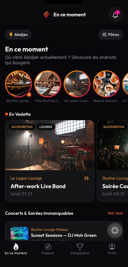 Écran En ce moment : stories, événements du jour et lieux les mieux notés
